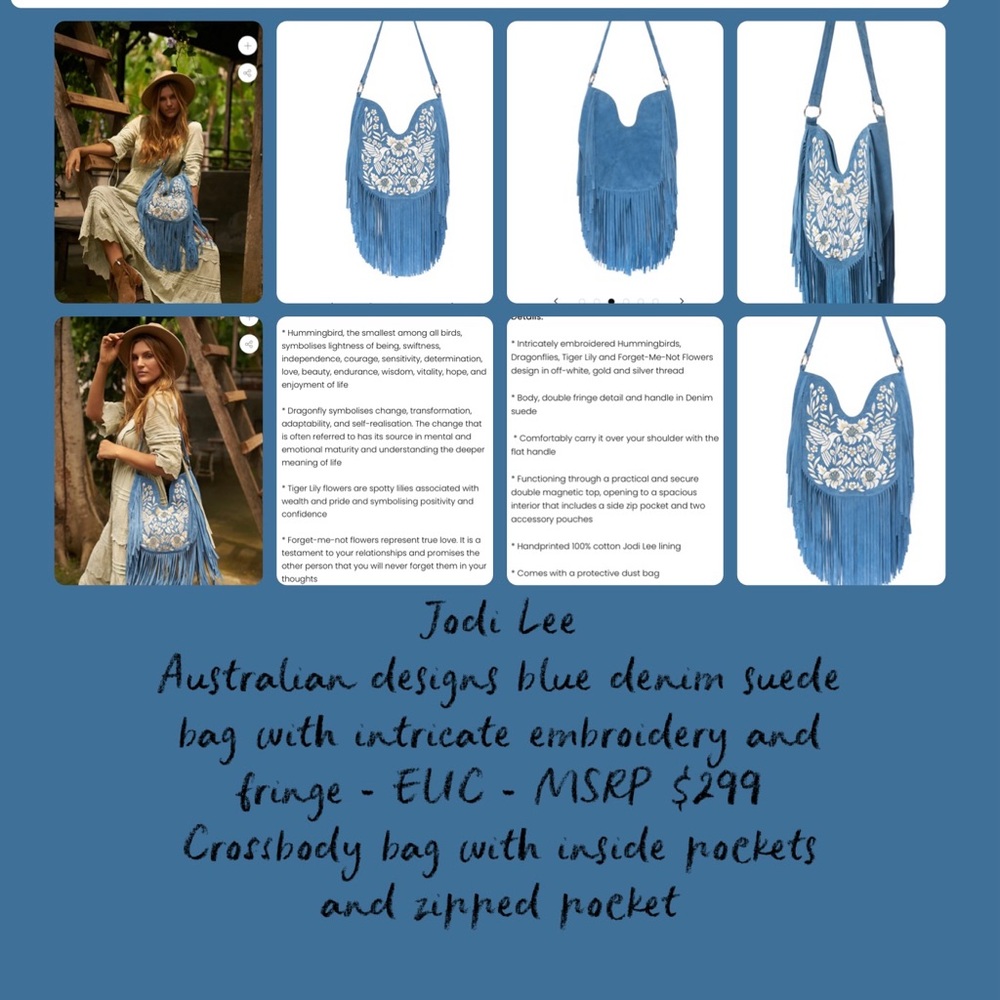 Jodi Lee Australian Designer Blue Denim Suede Bag with fringe / embroidered